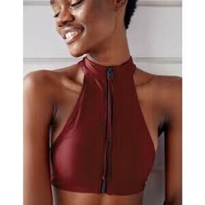 AERIE Burgundy TWO PIECE BIKINI SET High Neck Zipper Top Cheeky Bottom M L